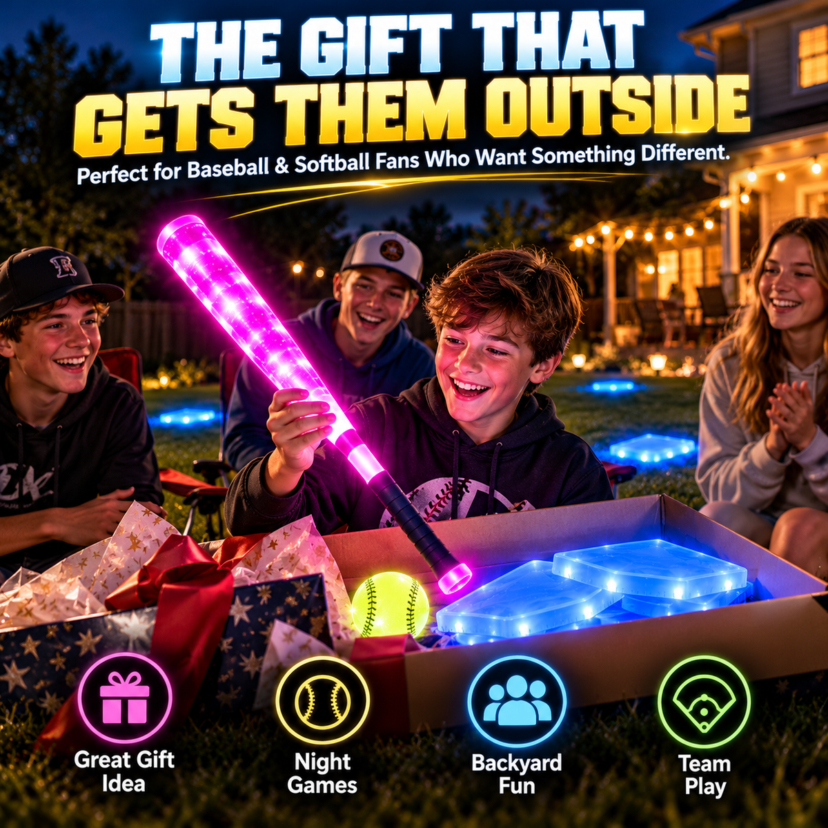 ⚾ Glow-in-the-Dark Baseball Set – Light-Up Bat, Ball & Bases for Night Games