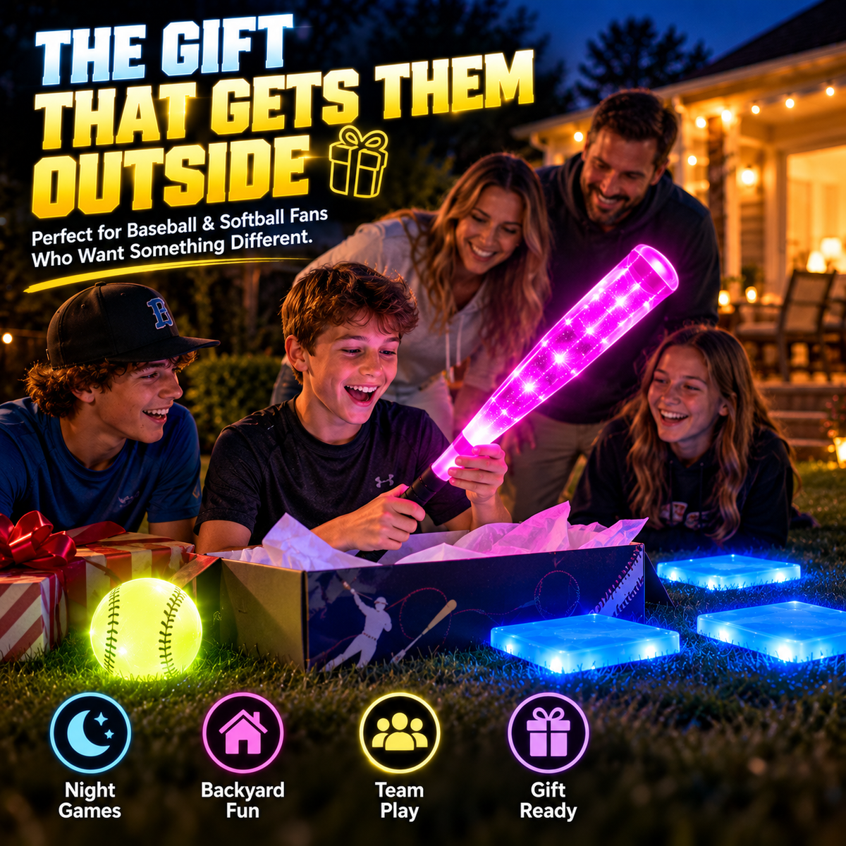 ⚾ Glow-in-the-Dark Baseball Set – Light-Up Bat, Ball & Bases for Night Games