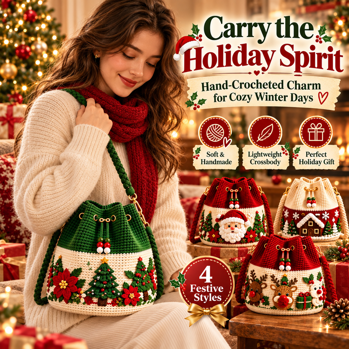 ❤️ Grandma-Handmade Christmas Crochet Bag – Festive 3D Holiday Crossbody Purse