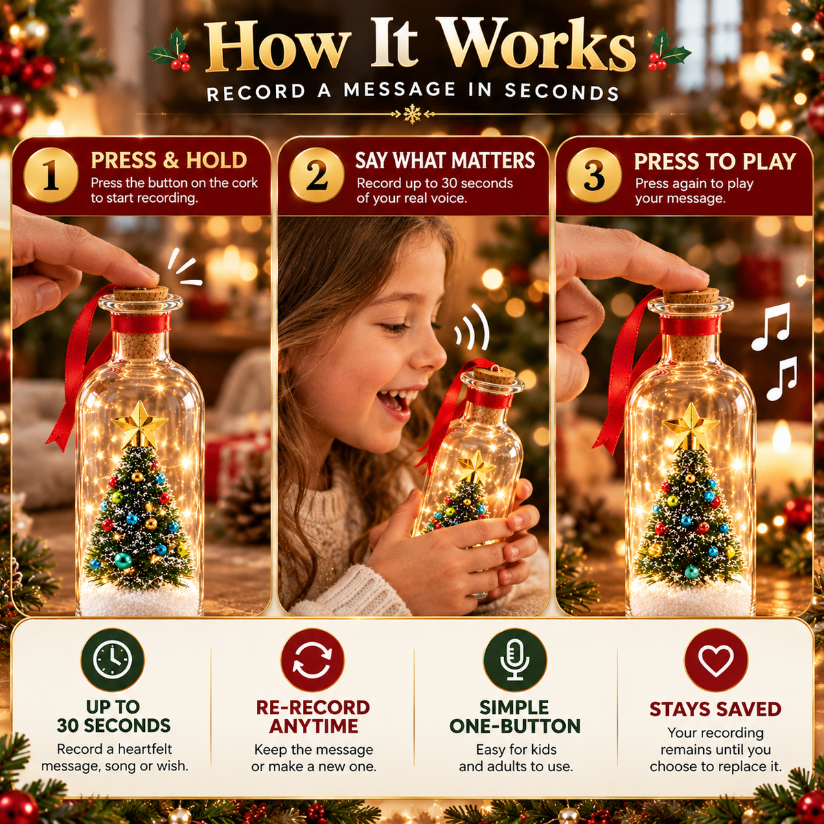 🎄 Christmas Voice Recording Bottle – 30-Second Personalized Keepsake Gift for Family & Grandparents