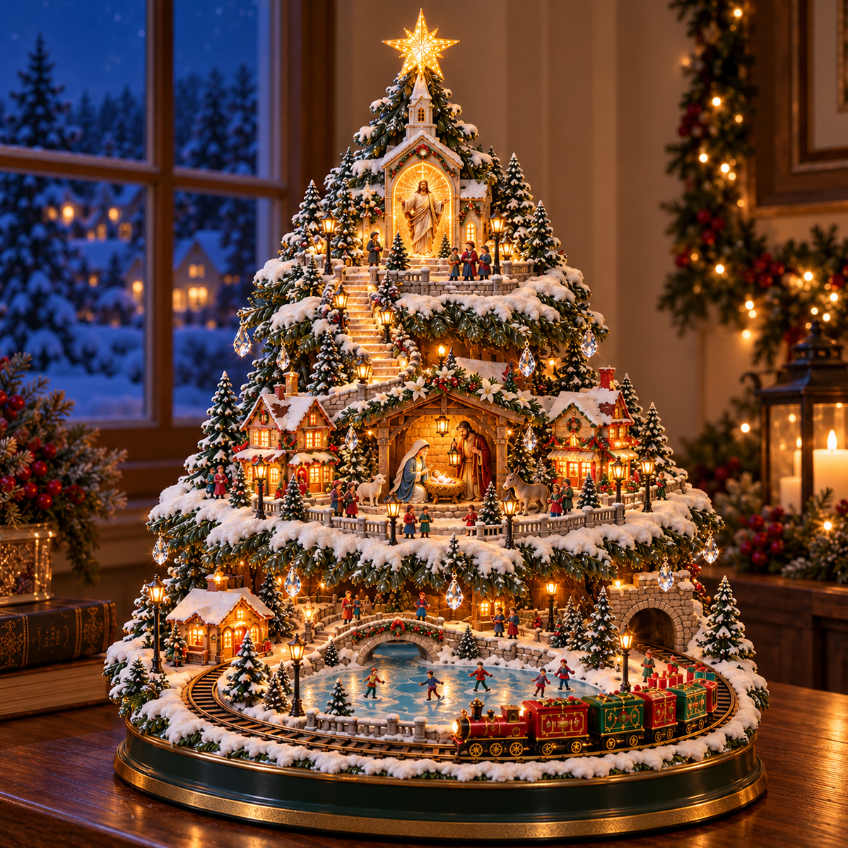 ⏳ Last day to save 49% –🎄🎅OFF Lighted Christmas Village Tree with Train & Carousel