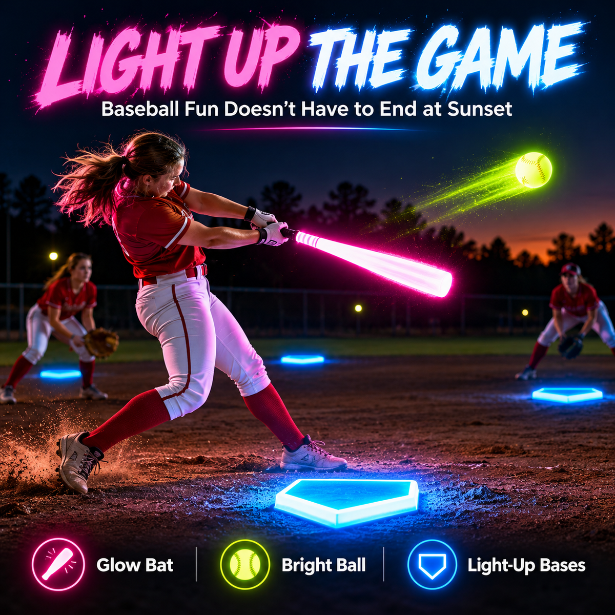 ⚾ Glow-in-the-Dark Baseball Set – Light-Up Bat, Ball & Bases for Night Games