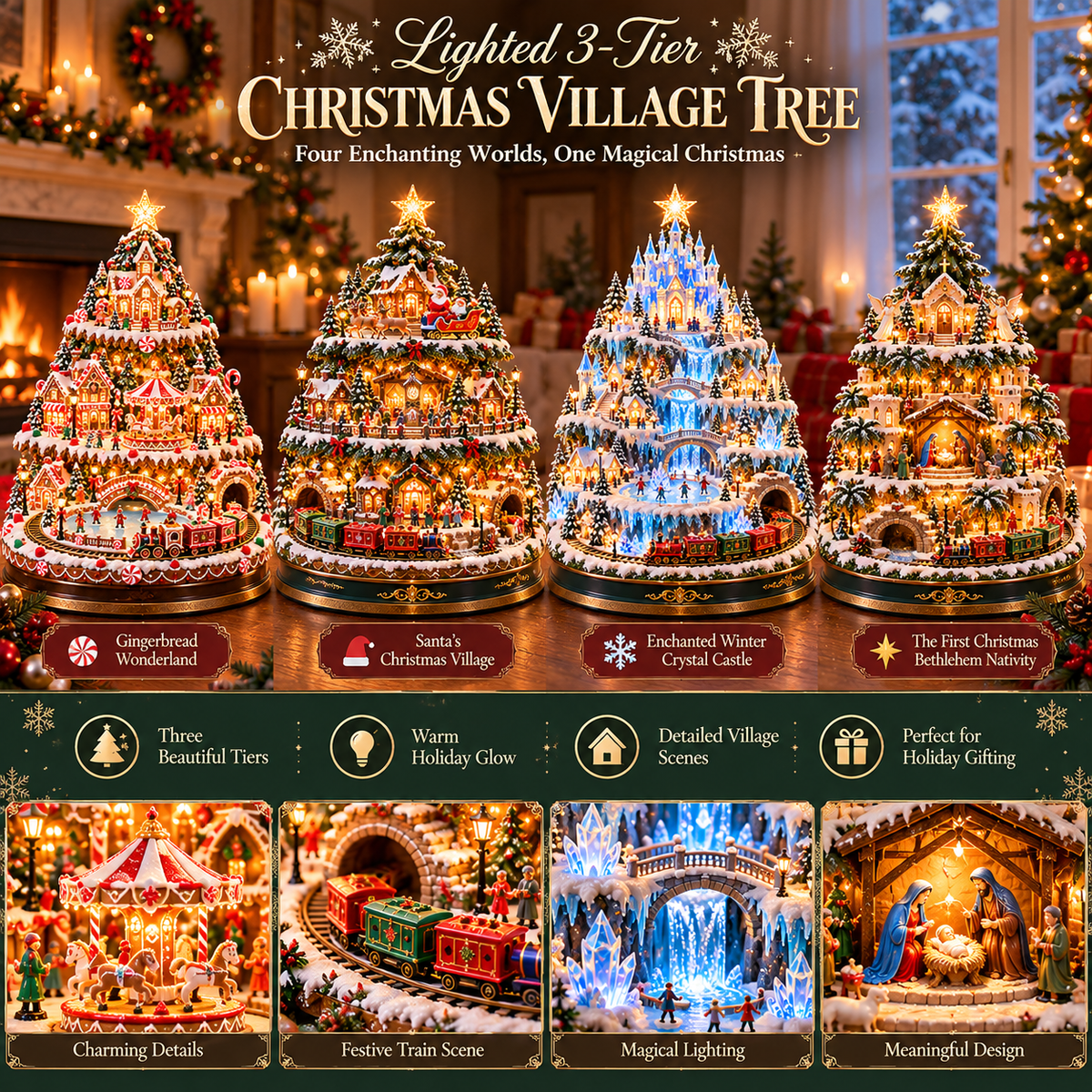 🔥LAST DAY 49% OFF🎄 Lighted 3-Tier Christmas Village Tree – Magical Holiday Tabletop Decor