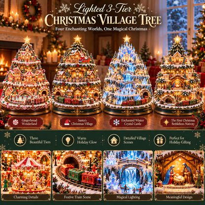 🔥LAST DAY 49% OFF🎄 Lighted 3-Tier Christmas Village Tree – Magical Holiday Tabletop Decor