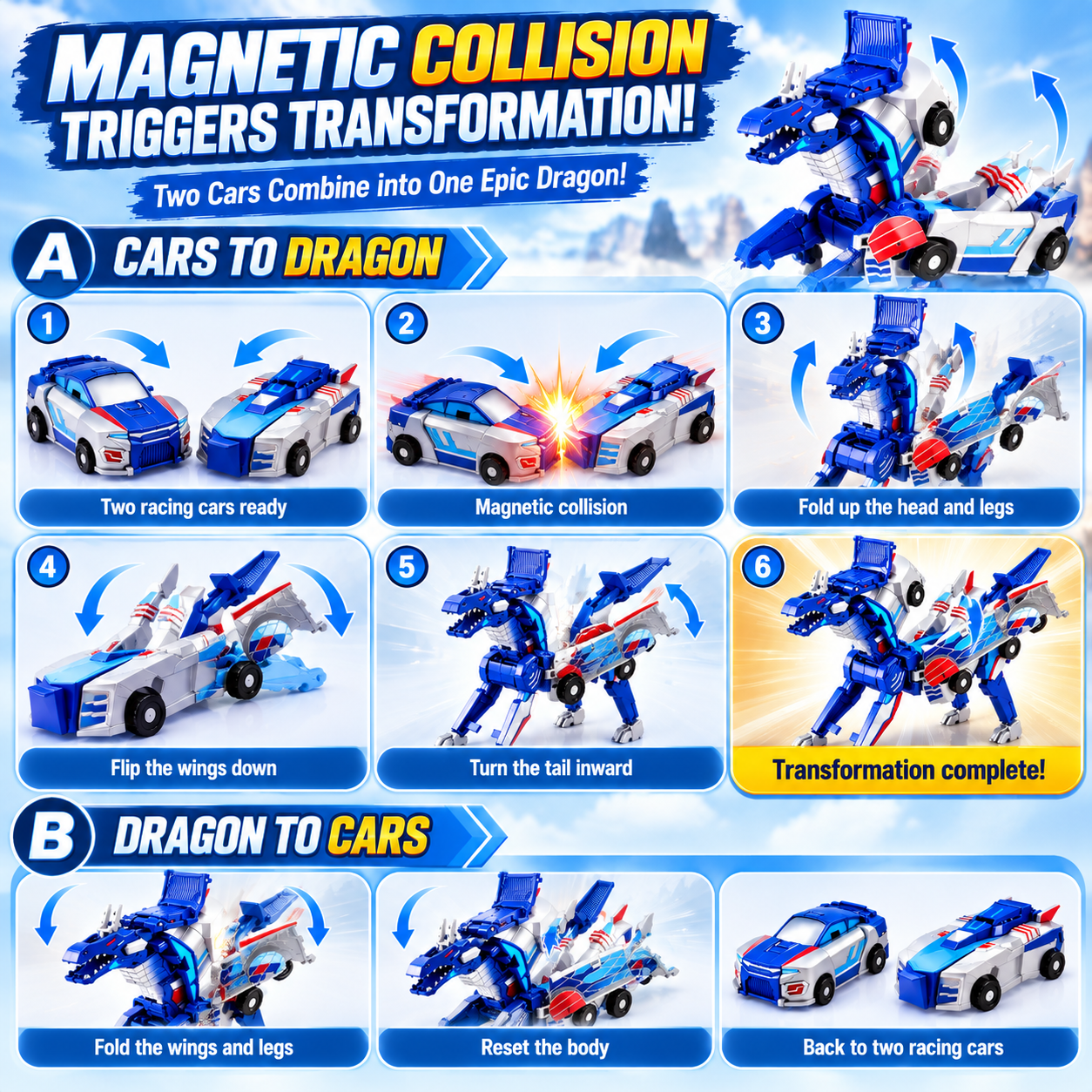 magnetic collision transformation steps from two cars to dragon
