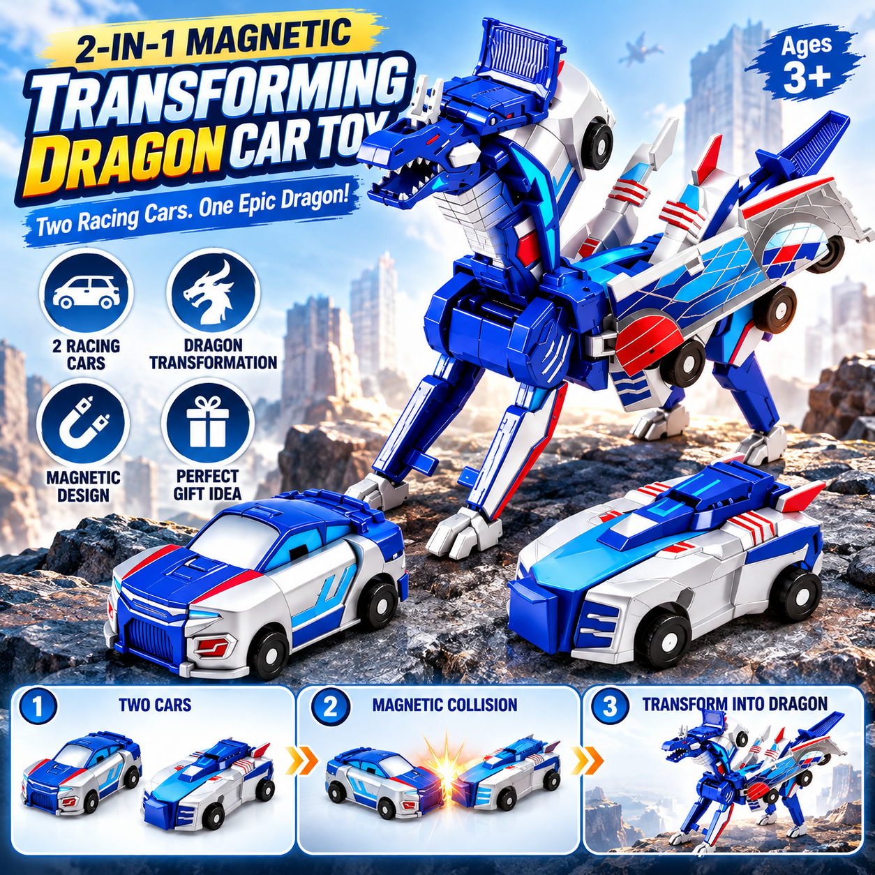 2-in-1 magnetic transforming dragon car toy with two racing cars
