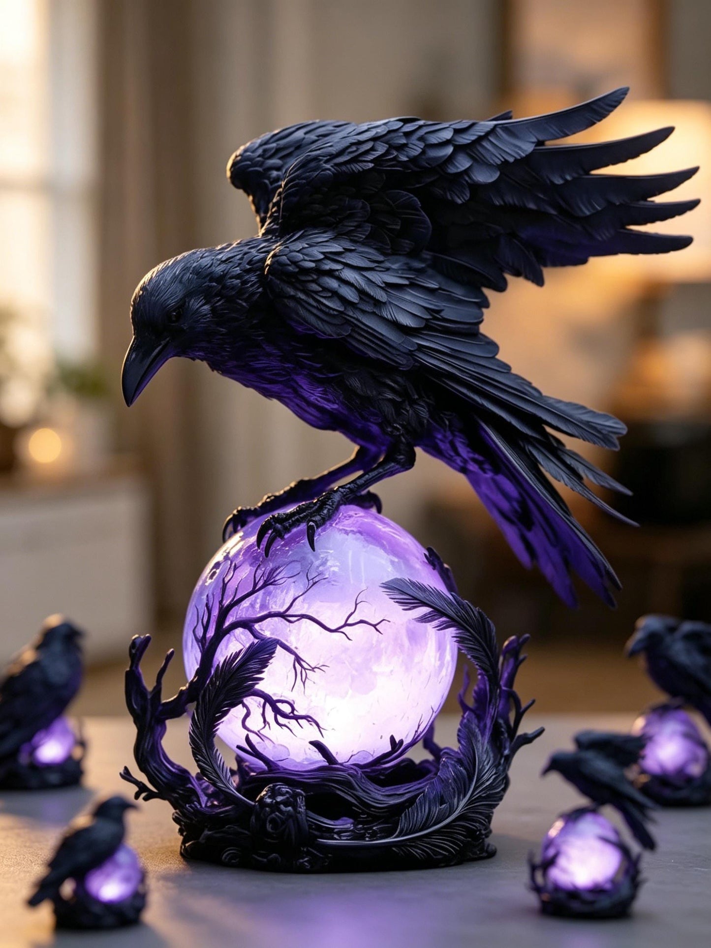 Gothic Raven Night Lamp with Purple Crystal Ball