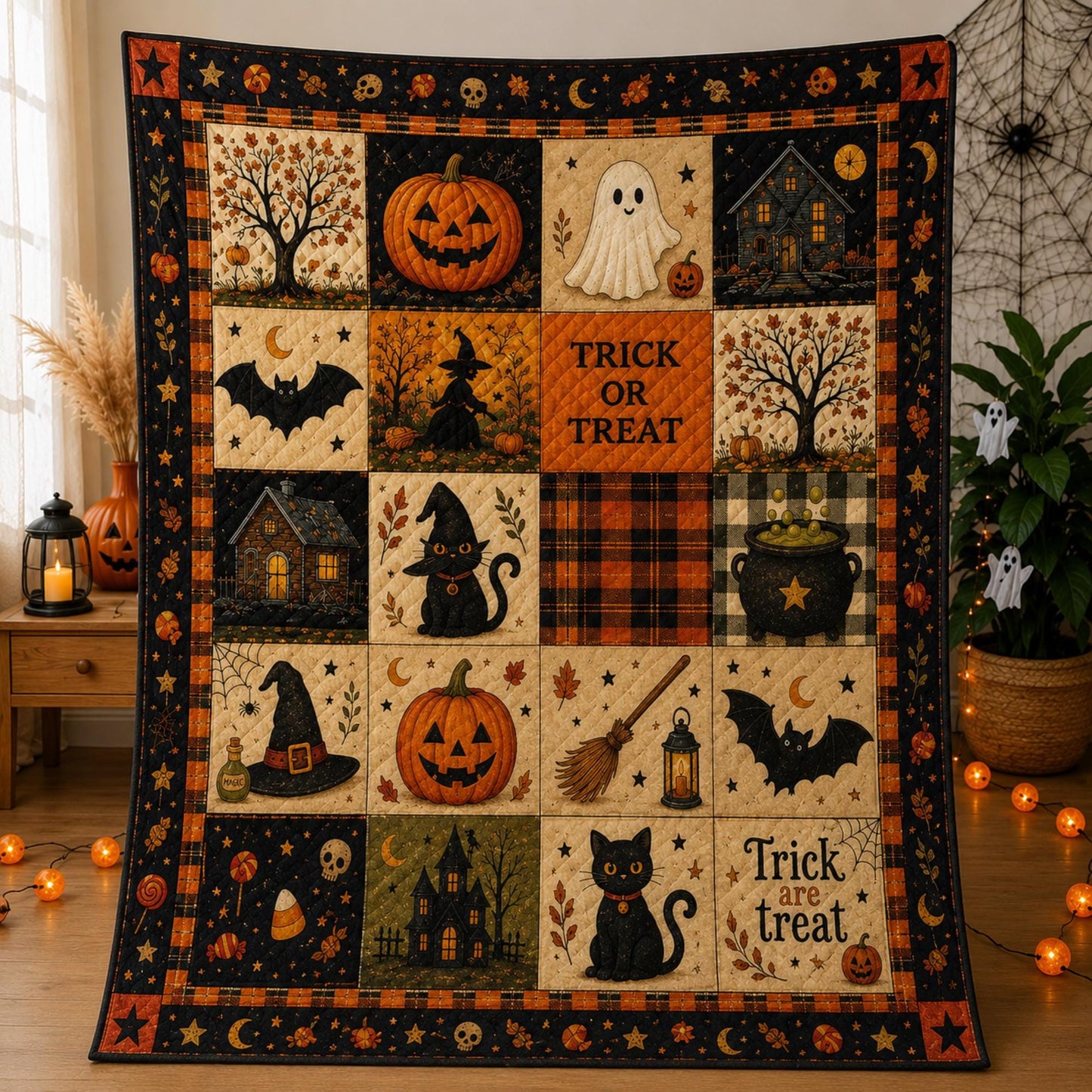 🎃 Halloween Patchwork Quilt Blanket – Cozy Fall Throw for Sofa, Bed & Home Décor