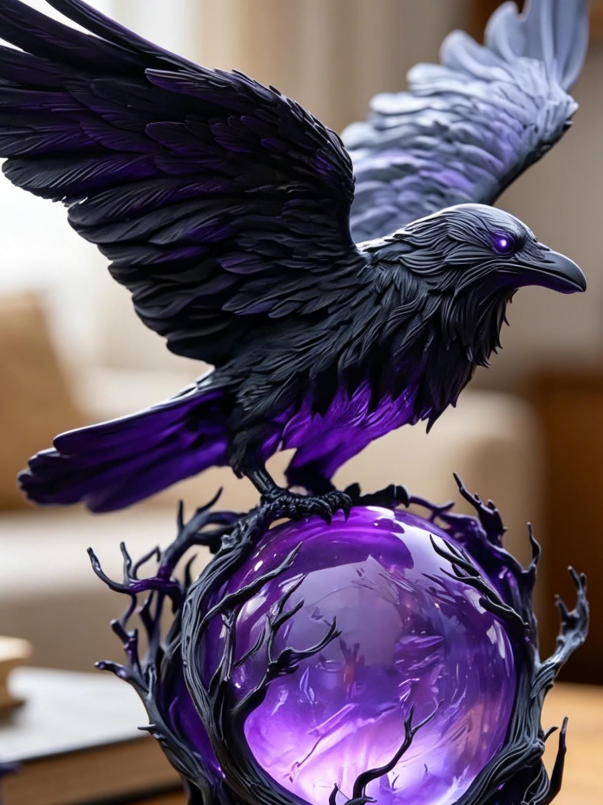 Gothic Raven Night Lamp with Purple Crystal Ball