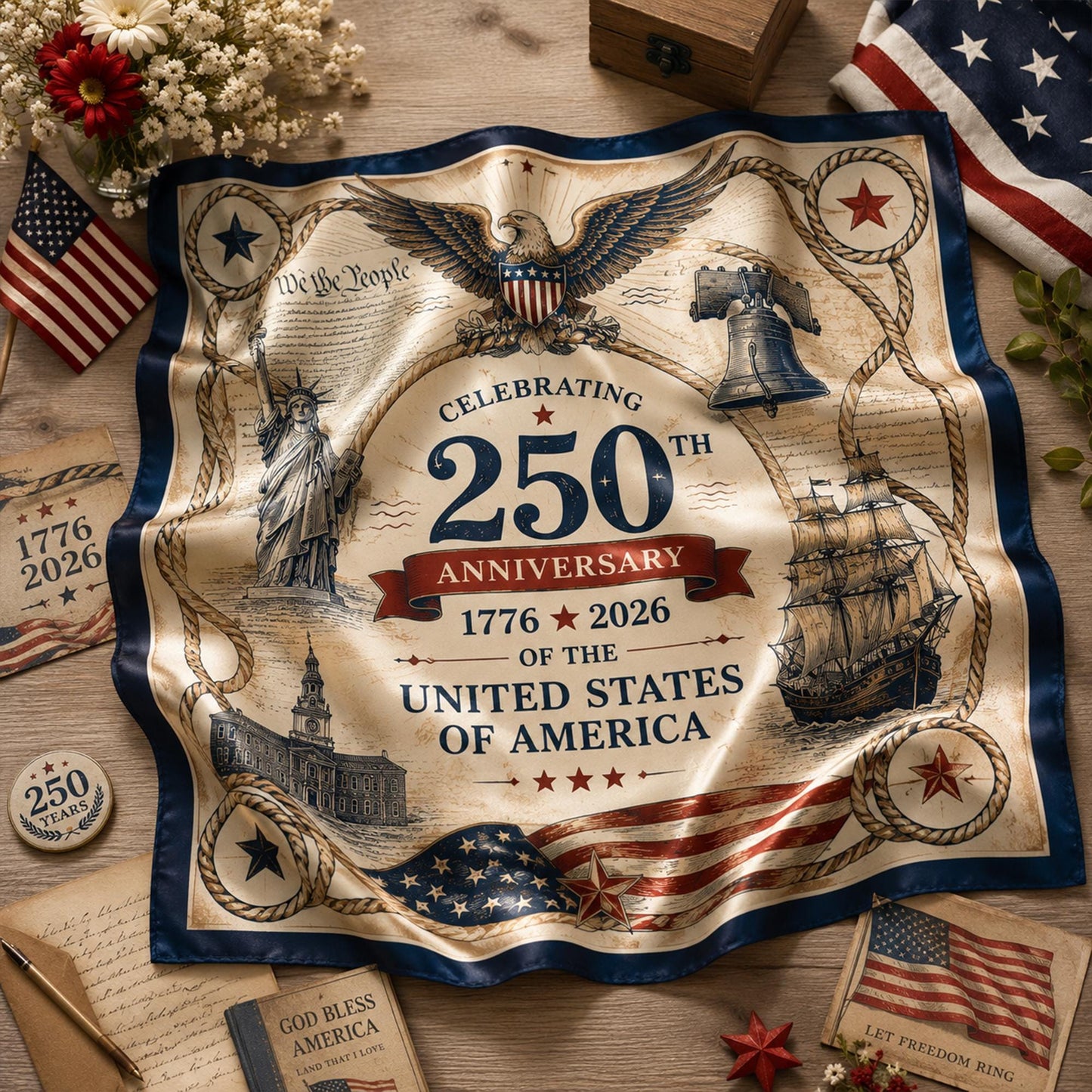 America 250™ Patriotic Satin Scarf – Celebrate 250 Years of Freedom in Style 🇺🇸