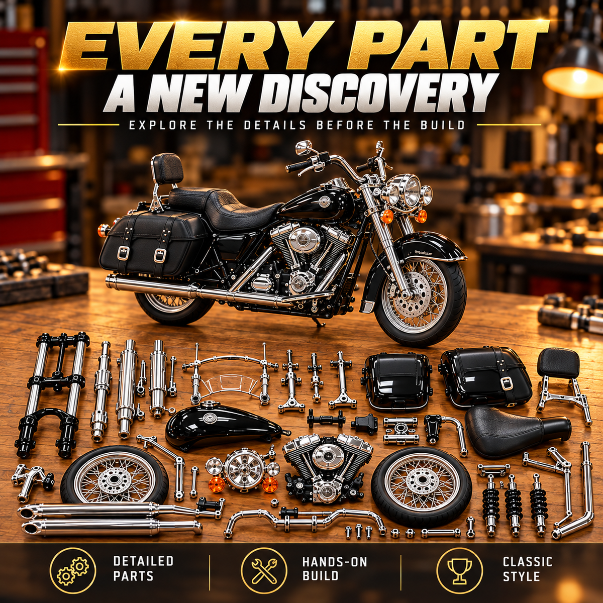 🏍️ Classic Cruiser Motorcycle DIY Model Kit – Build Your Own