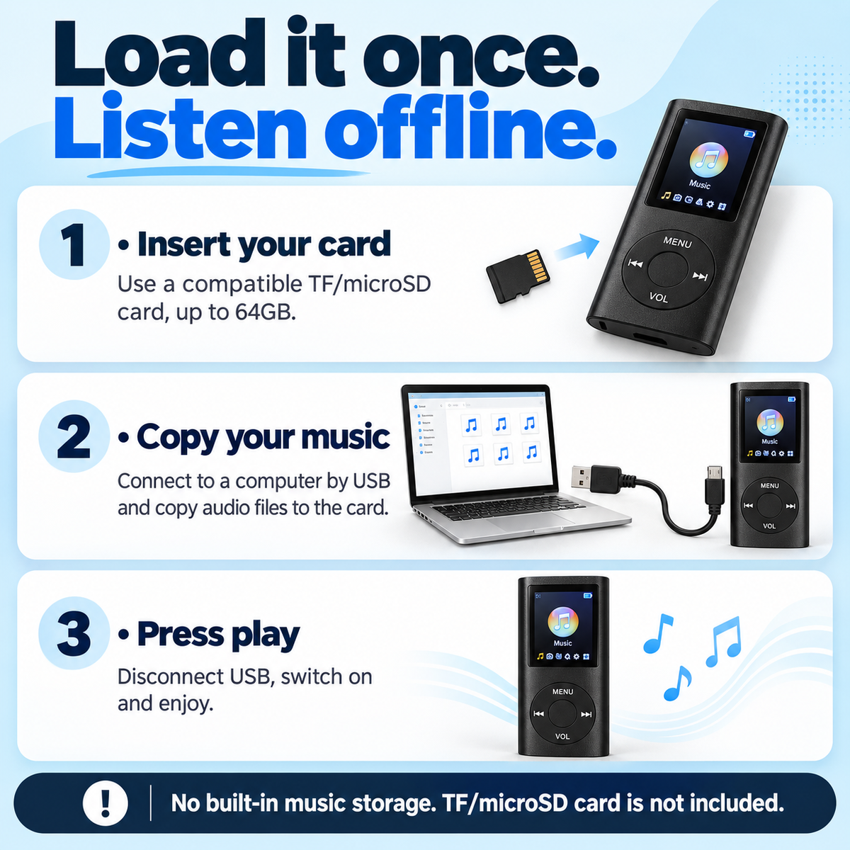 Insert a TF card, copy audio files through a computer by USB, then play offline