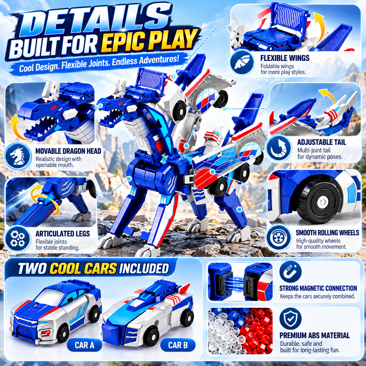 mechanical transforming dragon toy movable head wings legs and tail