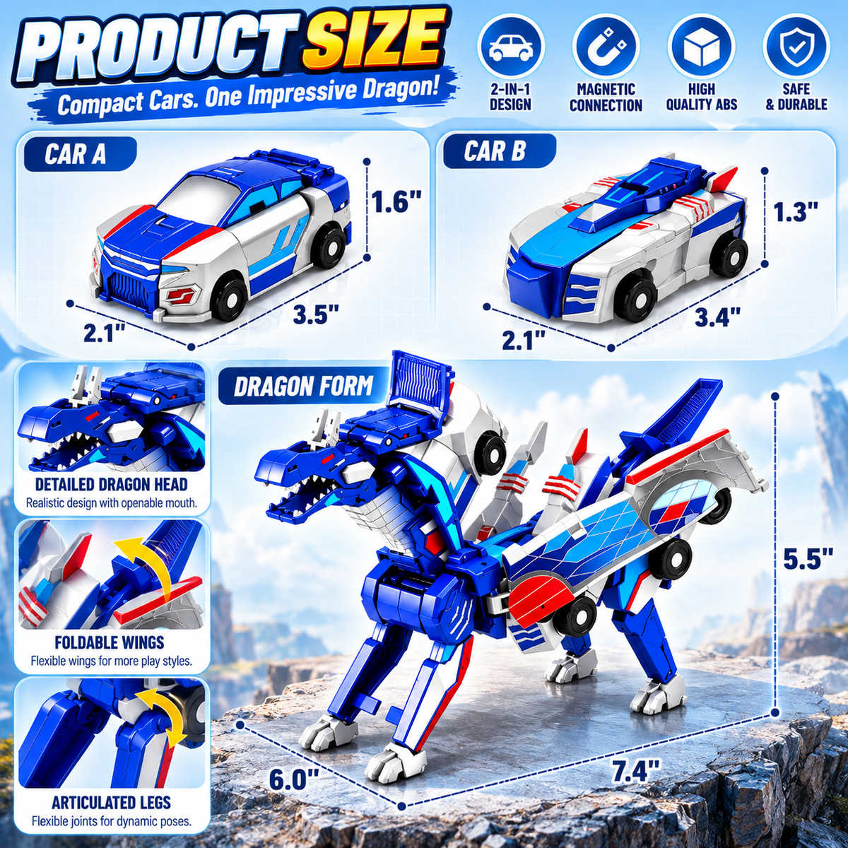🚗2-in-1 Magnetic Transforming Dragon Car Toy – Racing Car Set！！！