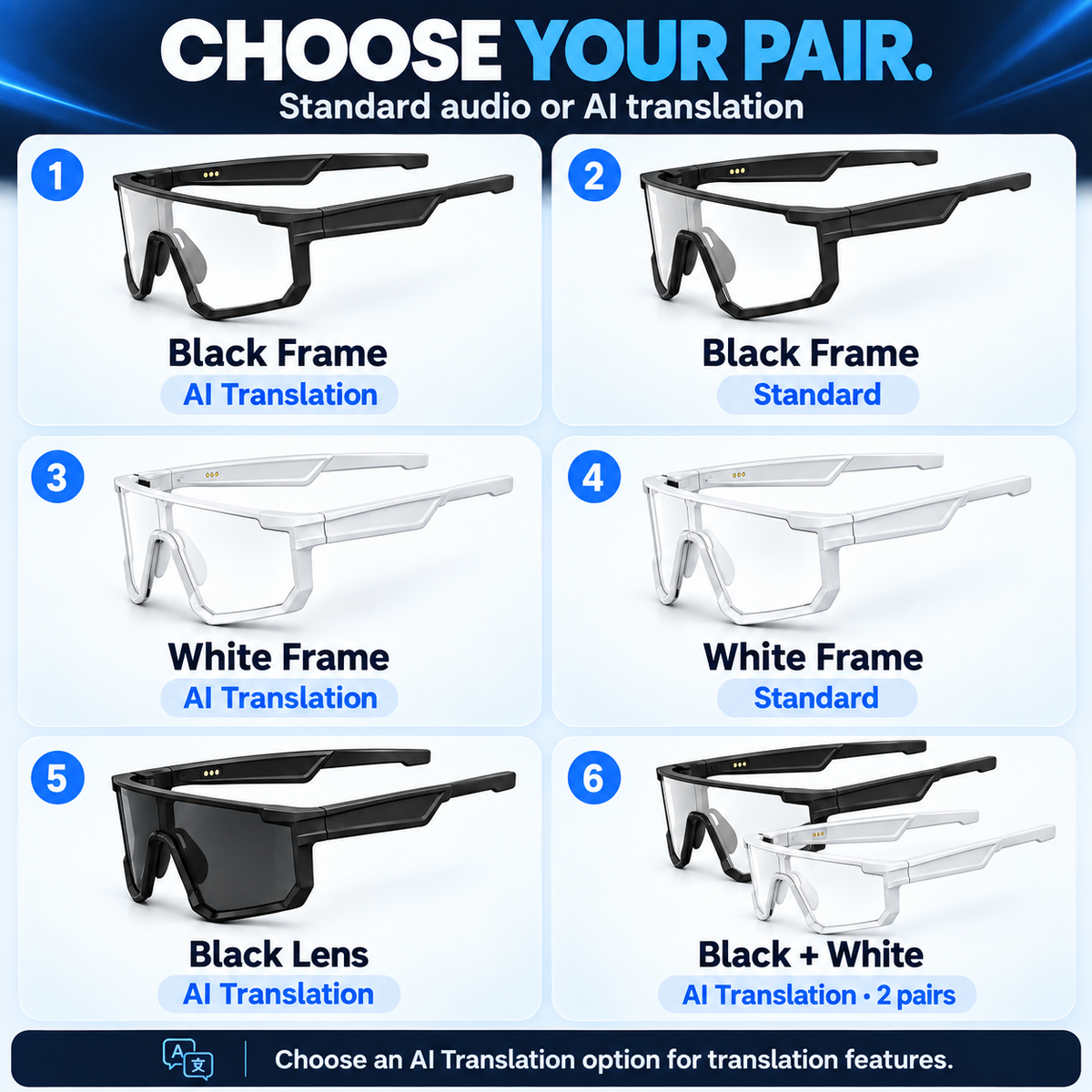Six VUB smart glasses choices including standard, AI translation and two-pair bundle