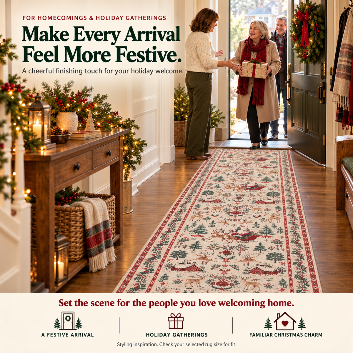 🔥LAST DAY 49% OFF -🎄 Vintage Christmas Runner Rug – Santa, Reindeer & Timeless Holiday Charm