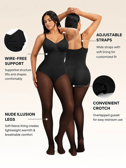 Women’s Fleece Lined Sheer Look Tummy Control Full Body Shaping Bodysuit