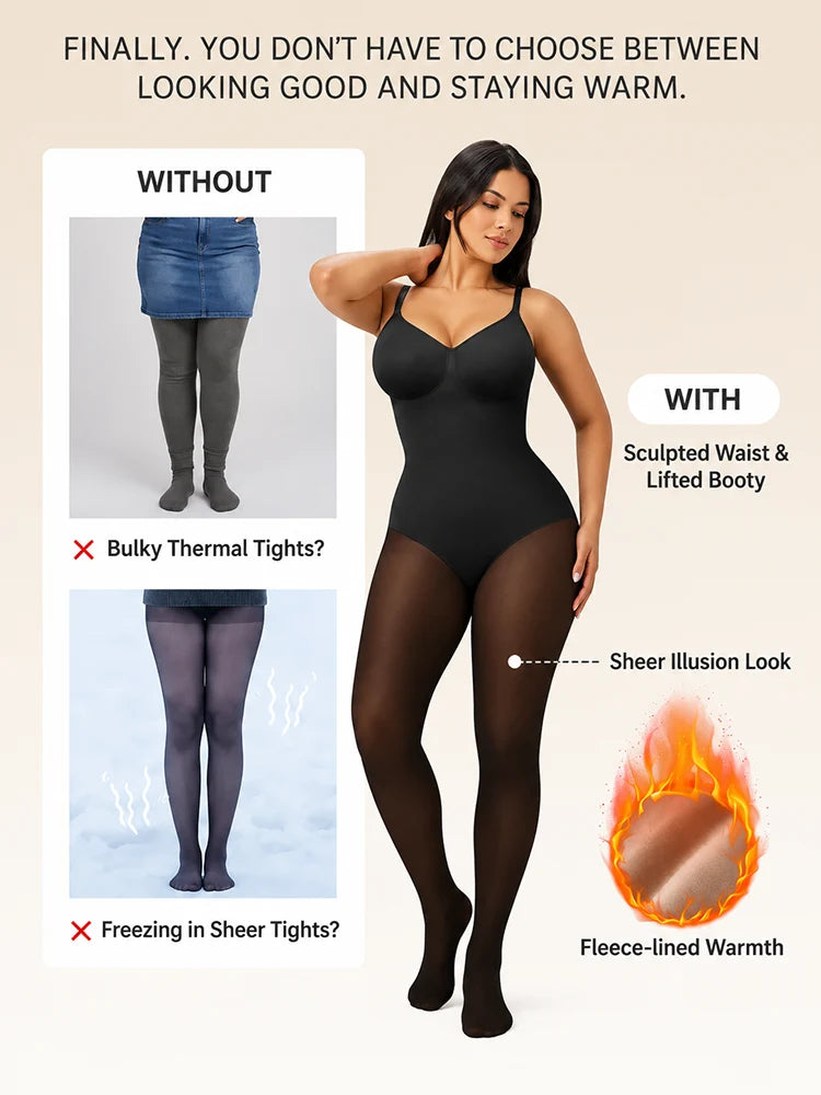 Women’s Fleece Lined Sheer Look Tummy Control Full Body Shaping Bodysuit