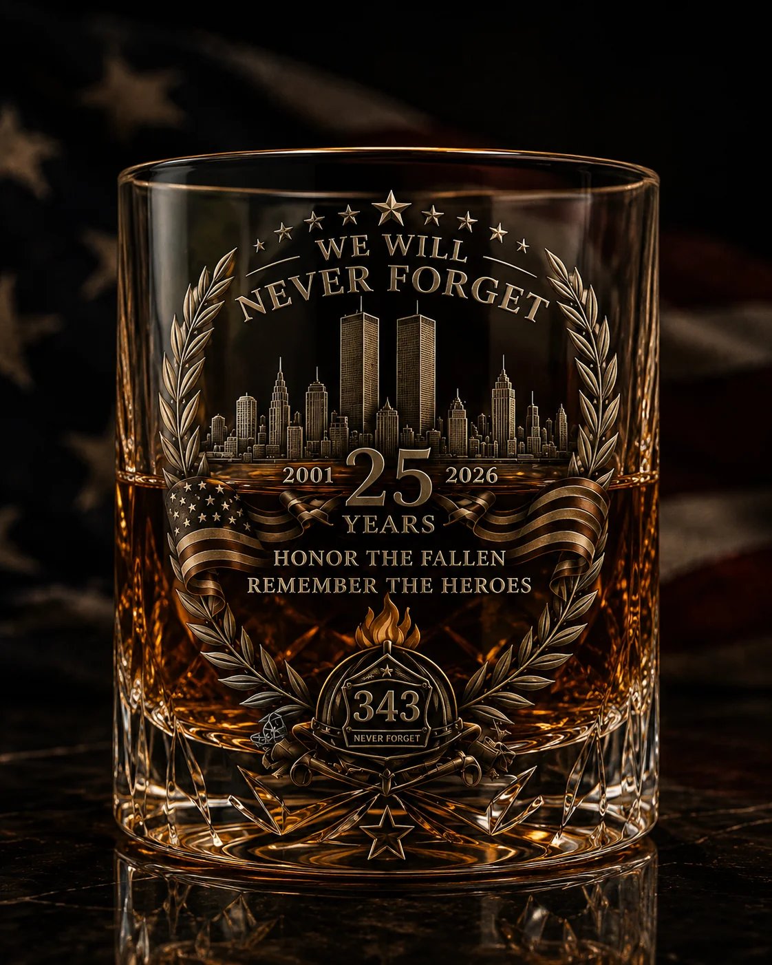 🕯️ 9/11 25th Anniversary Memorial Whiskey Decanter & Glass Gift Set – We Will Never Forget 343 Heroes Tribute