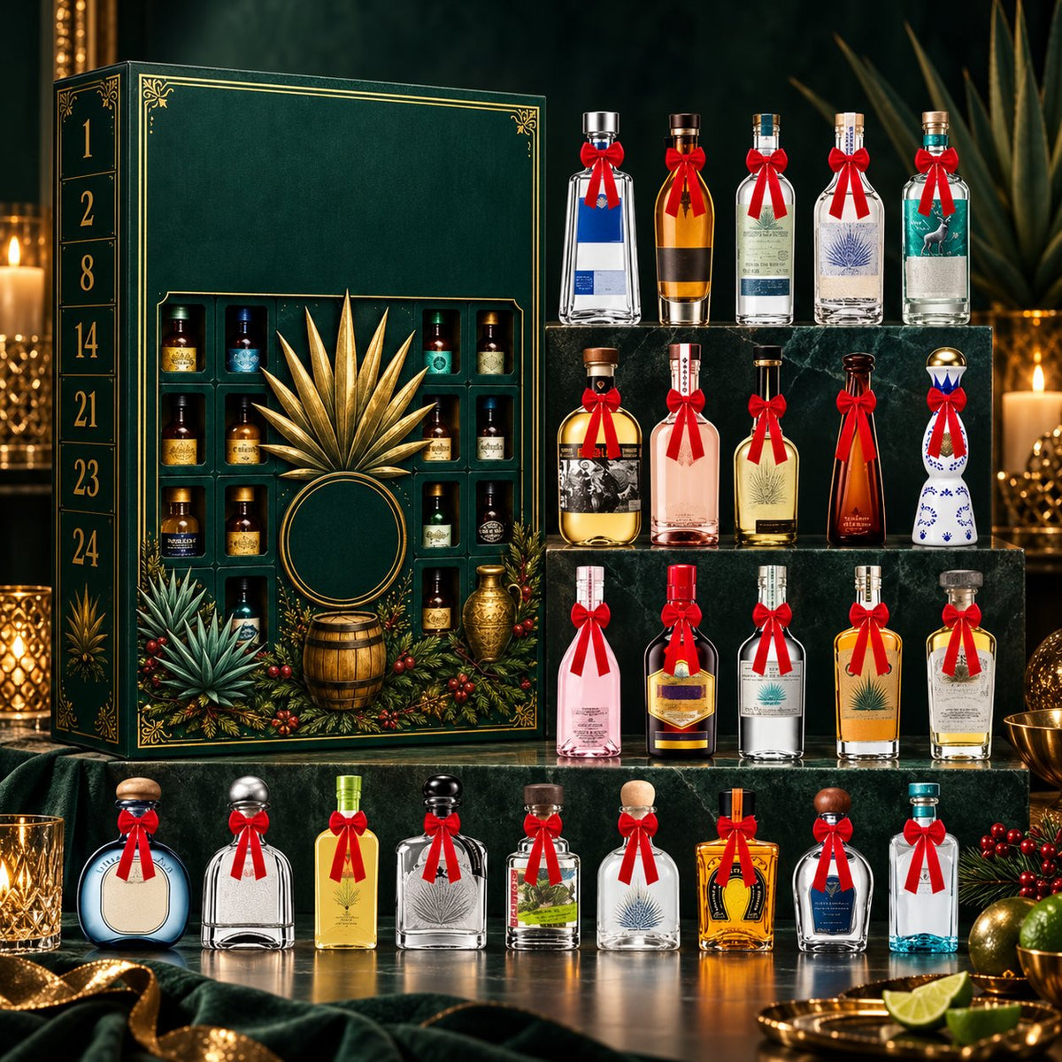 🎁🏺24-Day Mini Tequila Bottle Advent Blind Box for Holiday Celebration, Bar Table Decor, Collector Gift & Family Countdown