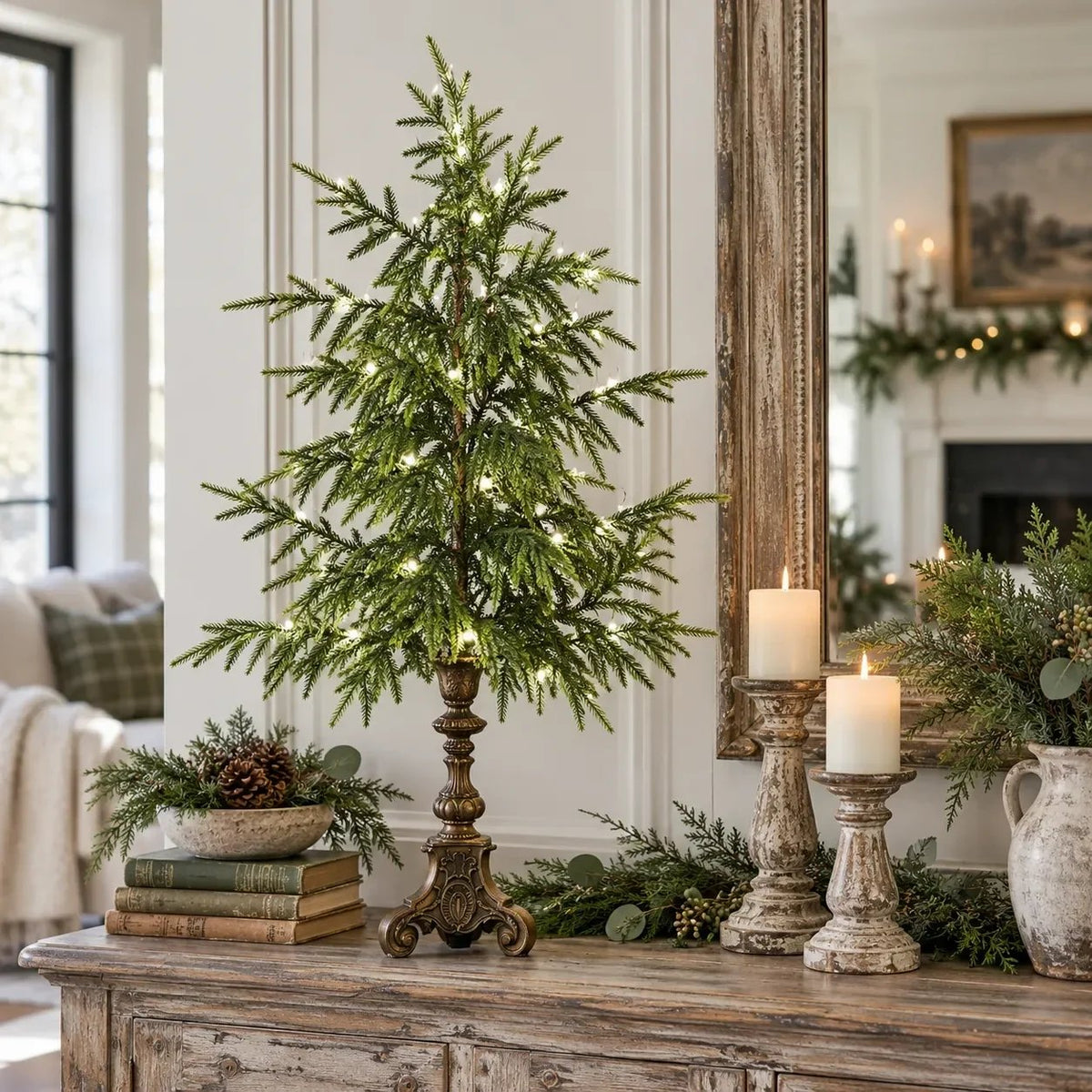 🔥Last Day 50%🎄 Vintage Lighted Norfolk Pine Trees ✨ Warm Glow Christmas Tabletop Decor with Antique-Style Base