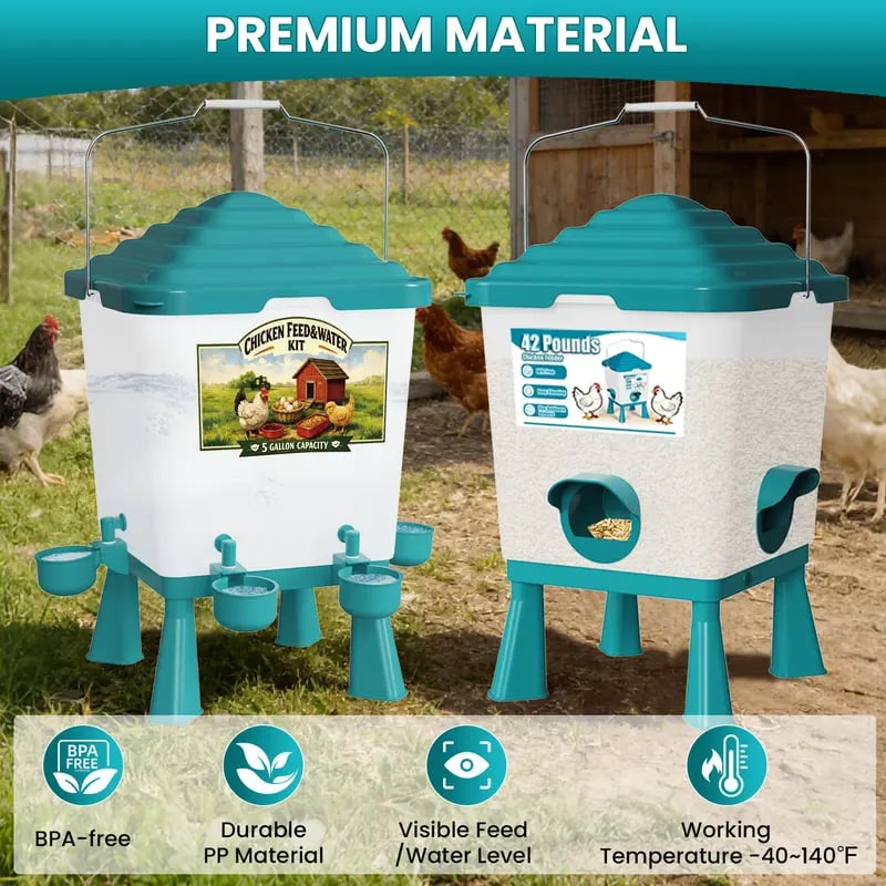 🐔 42LB Chicken Feeder & 5 Gal Waterer Set – No-Waste Auto Poultry Feeder with Cups – Complete Coop Kit 💧