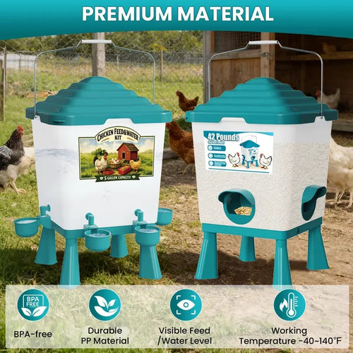 🐔 42LB Chicken Feeder & 5 Gal Waterer Set – No-Waste Auto Poultry Feeder with Cups – Complete Coop Kit 💧