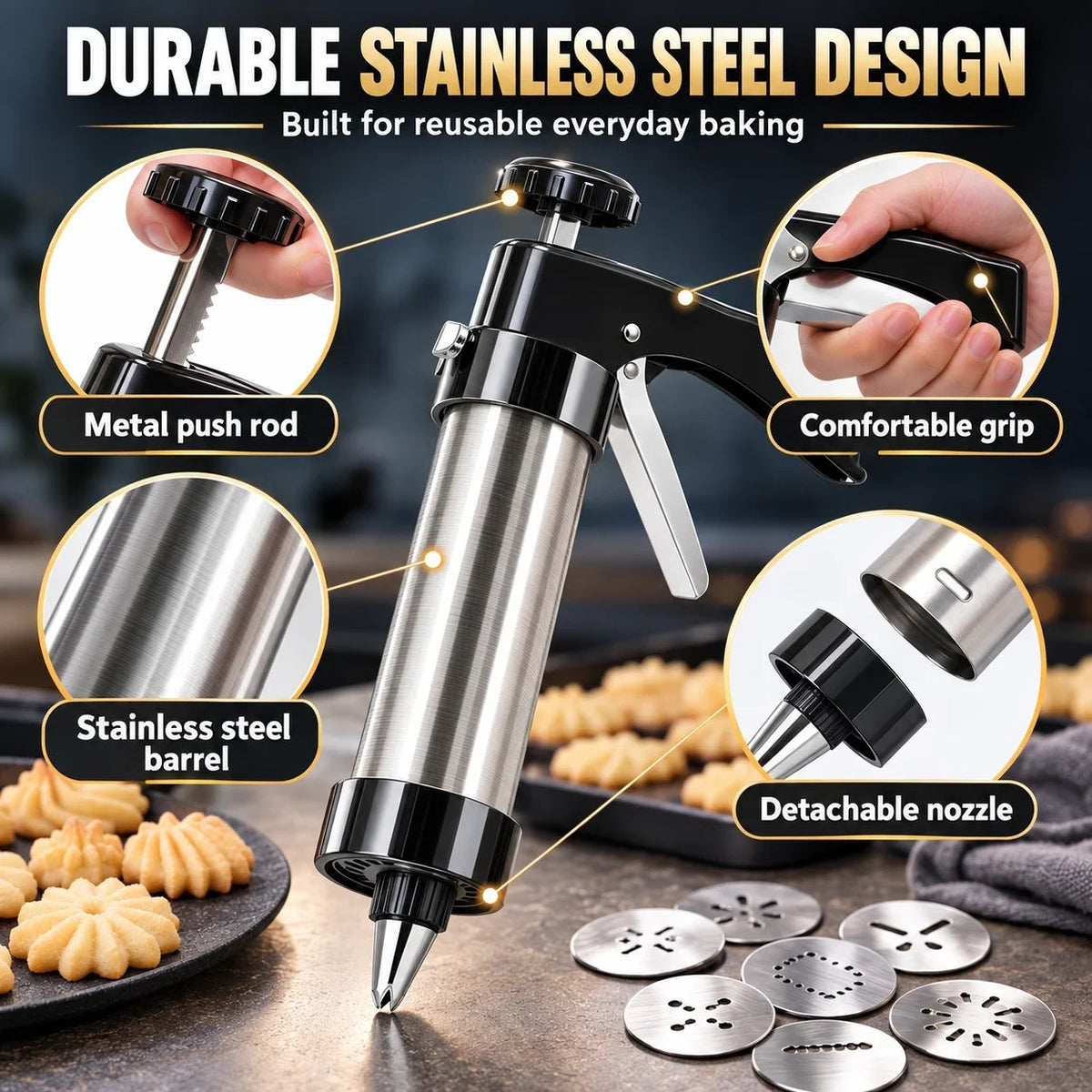 🍪 Stainless Steel Cookie Press & Decorating Kit | 13 Cookie Discs + 8 Icing Tips for Cookies, Cupcakes & Cakes 🧁