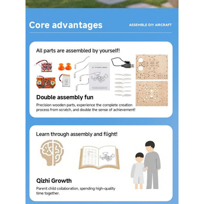 🔥Top Gift 2026 🎁 DIY Wooden Drone Assembly Kit, 2.4GHz RC Quadcopter with 360° Flip, Emergency Stop & Beginner Friendly Controls, STEM Building Toy for Teens & Adults