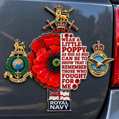 🌺👑 British Armed Forces “Lest We Forget” Remembrance Poppy Tribute Metal Car Emblem | 7–8-Inch 3D Metal Design with Raised Military-Inspired Details & Heavy-Duty Adhesive Backing 🇬🇧