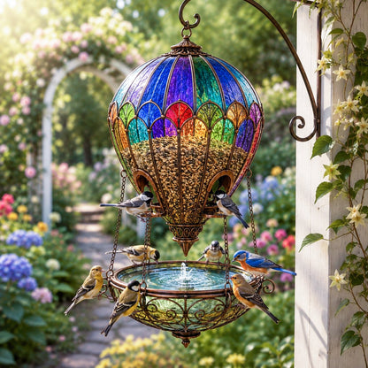 Stained Glass Hot Air Balloon Bird Feeder Fountain🐦