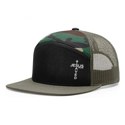 Unisex Printed Cross 'Jesus Saved' Flat Bill Trucker Hat - Color Block, Breathable Mesh