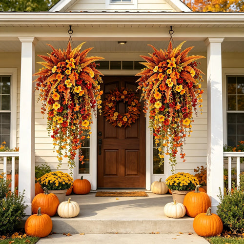 ARTIFICIAL FALL HARVEST HANGING BASKET - AUTUMN PORCH & DOOR DECORATION