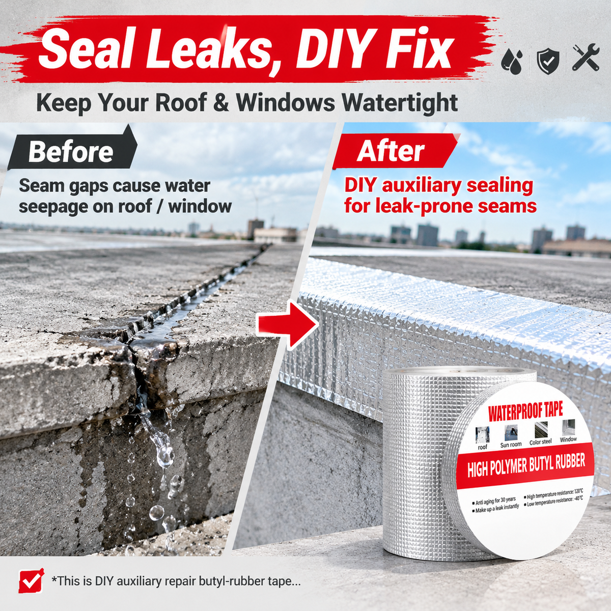 🛠️ Waterproof Self-Adhesive Butyl Repair Tape with Foil Backing 💧
