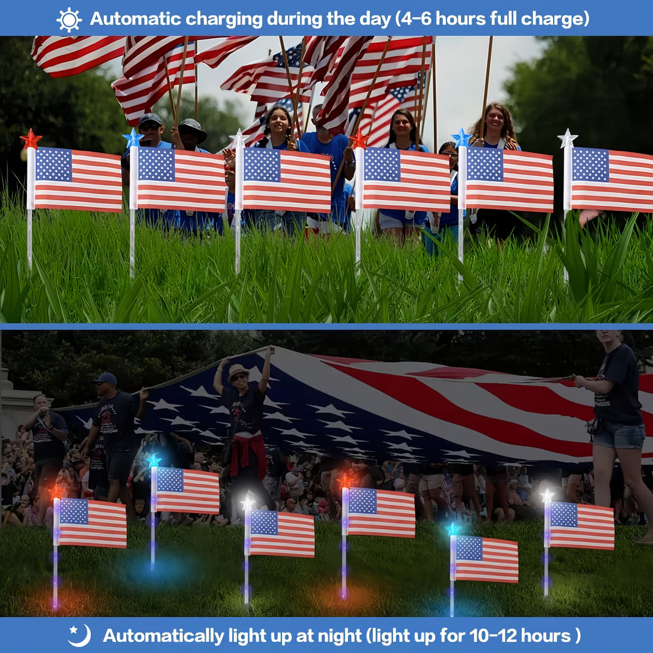 🤩🤩8-Piece Flag Light Set – 4th of July Decorations with 8 Lighting Modes – Ideal for Independence Day Pathways, Gardens, and Yard Decor