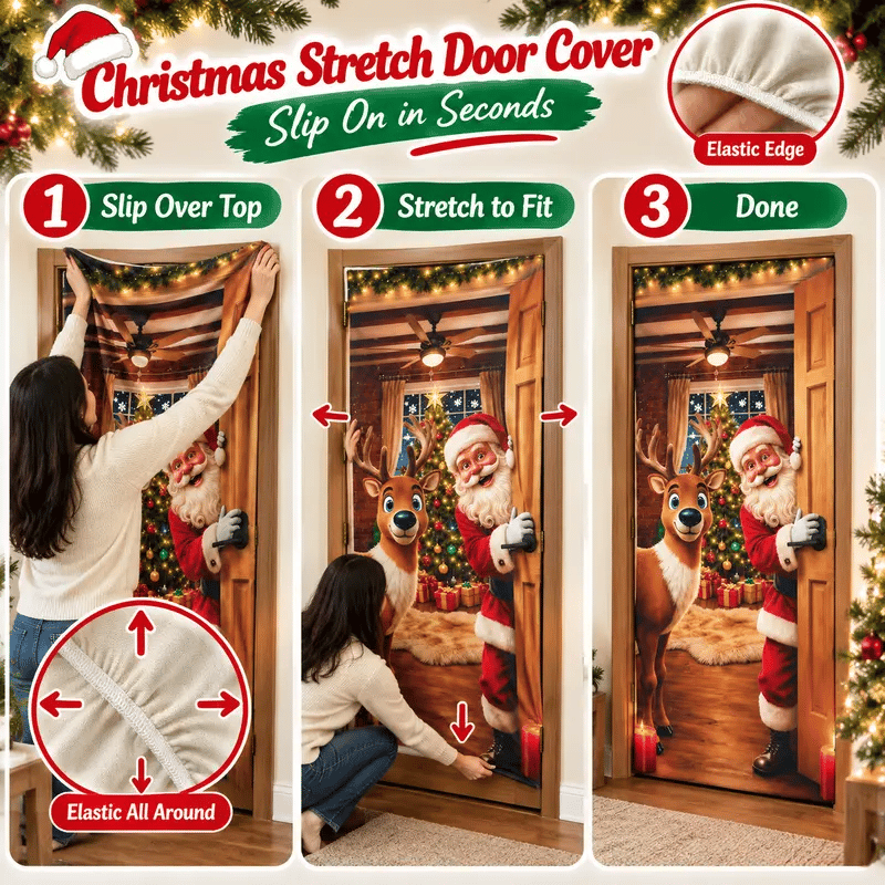 Christmas Door Cover - Stretch Fit Santa & Reindeer Door Decoration