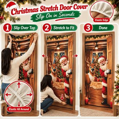 Christmas Door Cover - Stretch Fit Santa & Reindeer Door Decoration