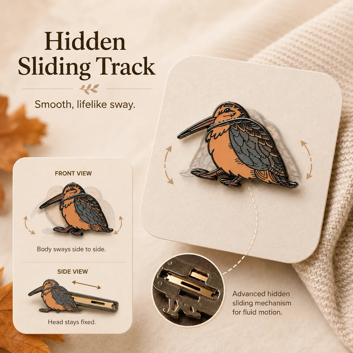 ⏳ Last Day 49% OFF – 🐦 Waddlin' Timberdoodle Kinetic Enamel Pin | Double-Layer Moving Woodcock Design with Hidden Sliding Track & Dual-Pin Lock ✨