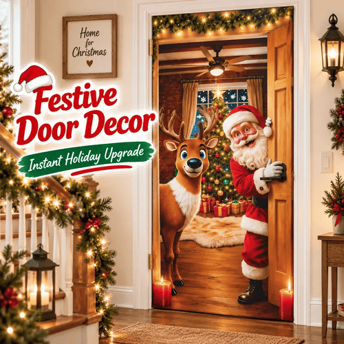 Christmas Door Cover - Stretch Fit Santa & Reindeer Door Decoration
