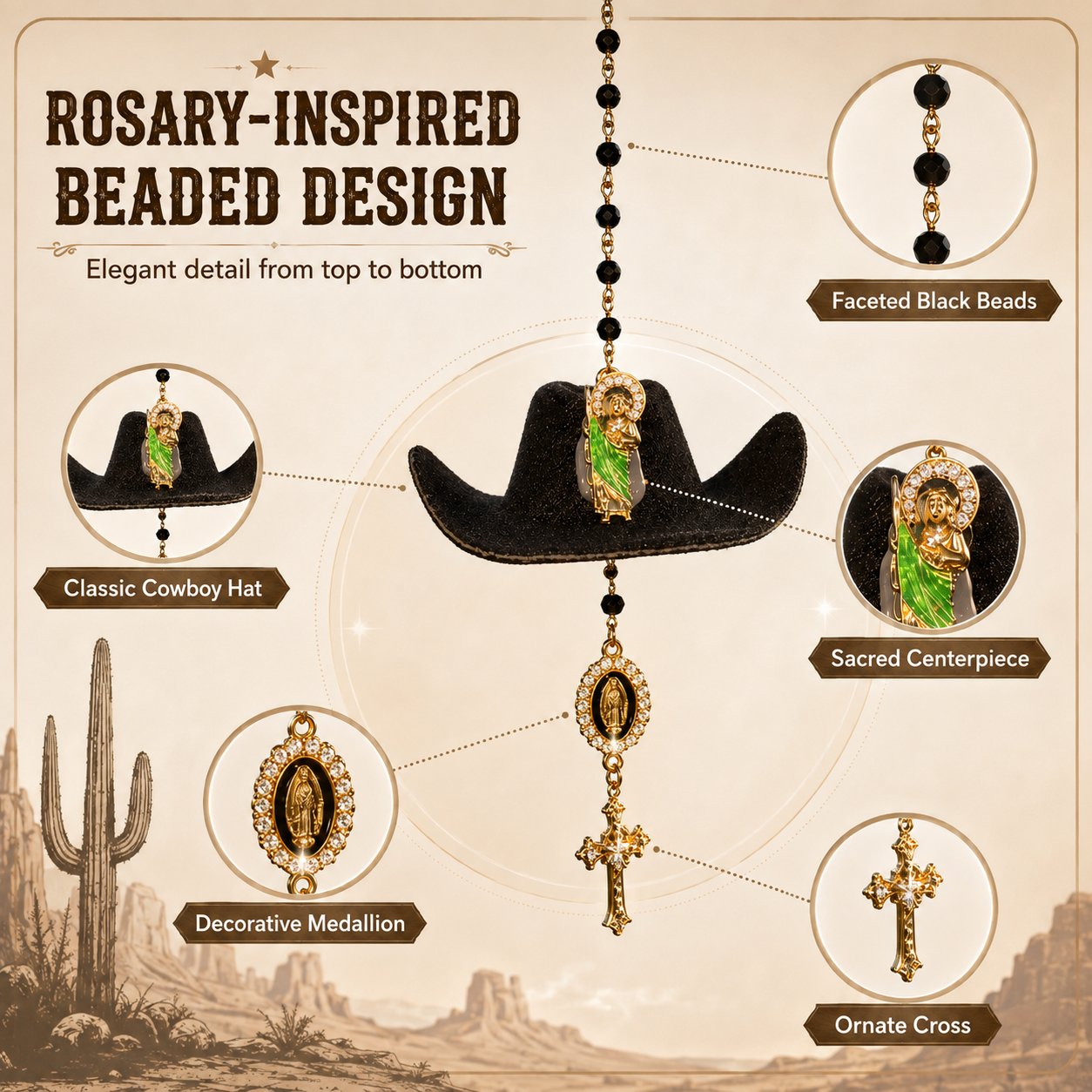 Cowboy Hat Jesus Rosary Car Charm