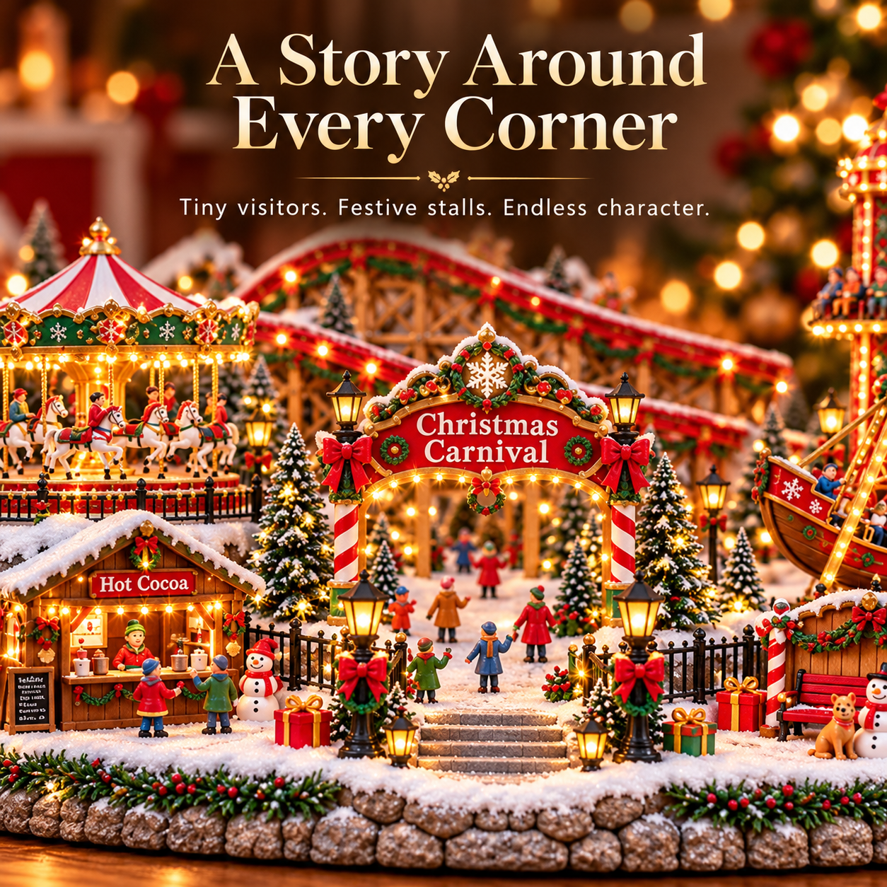 Christmas Carnival arch, miniature visitors and cocoa stall