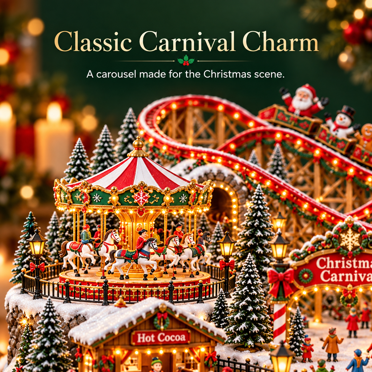 Red-and-white Christmas carousel with miniature horses