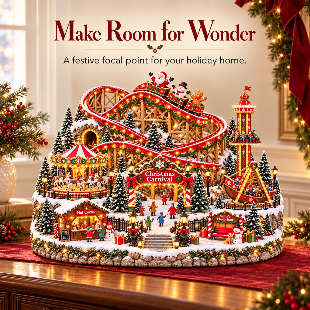 Christmas carnival village arranged on a festive sideboard