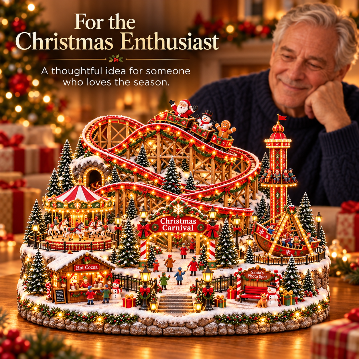 A Christmas enthusiast admiring the miniature carnival