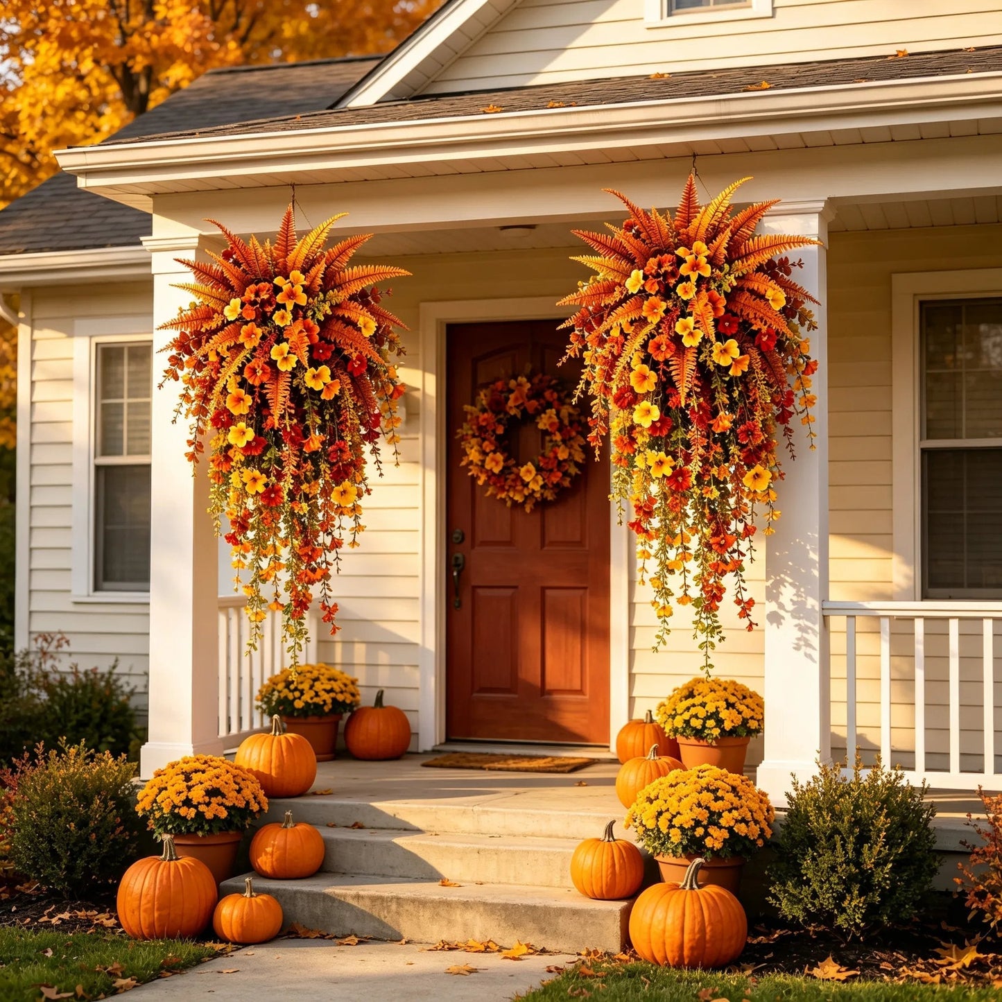 ARTIFICIAL FALL HARVEST HANGING BASKET - AUTUMN PORCH & DOOR DECORATION