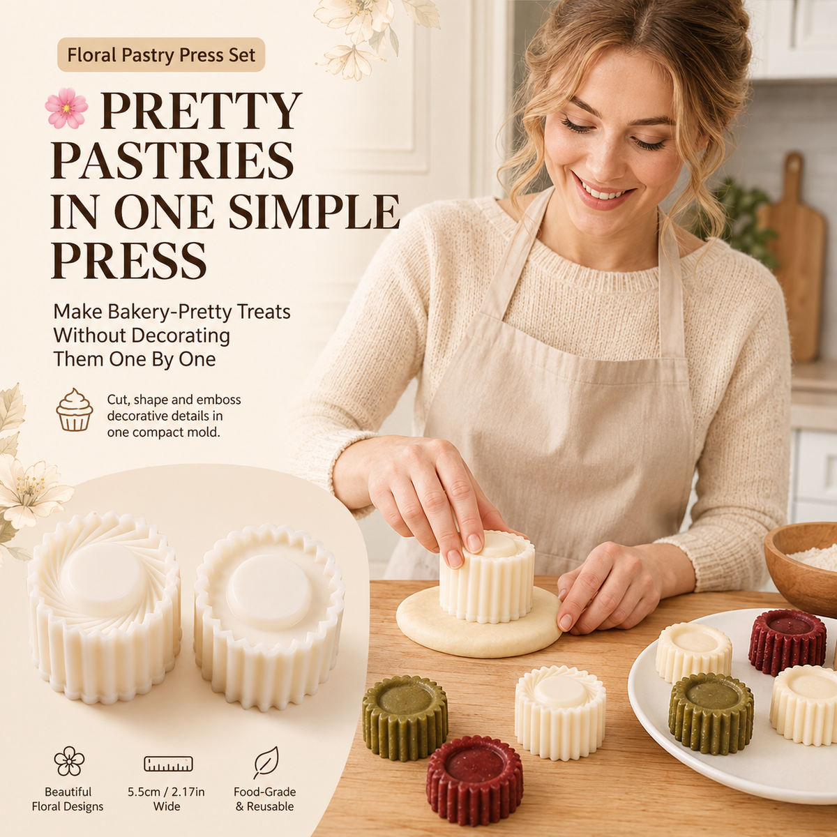 Flower-Shaped Cookie Cutters, Embossed Pastry Molds（2PC）