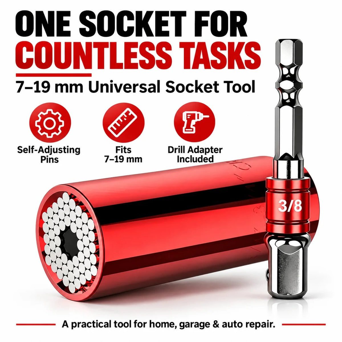Universal Socket Tool – 7–19mm Self-Adjusting Grip Socket with Drill Adapter