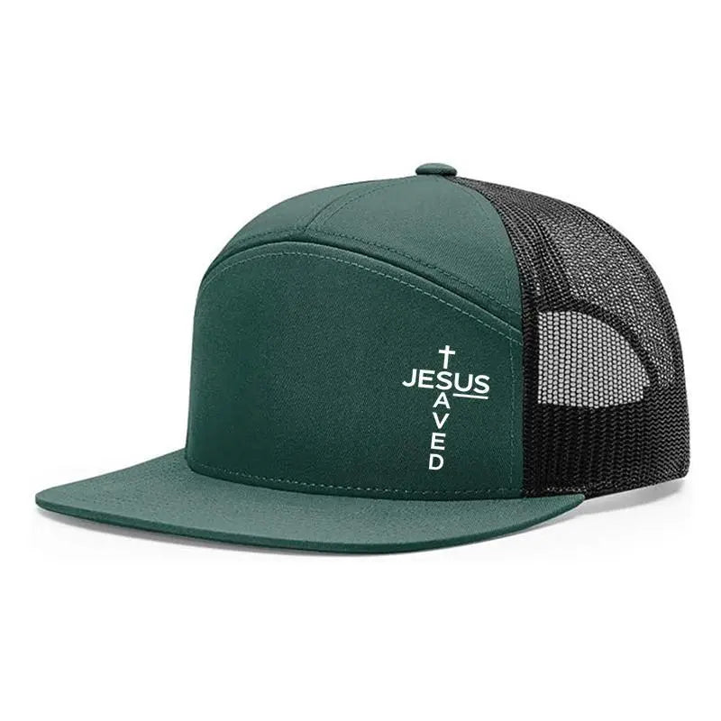 Unisex Printed Cross 'Jesus Saved' Flat Bill Trucker Hat - Color Block, Breathable Mesh