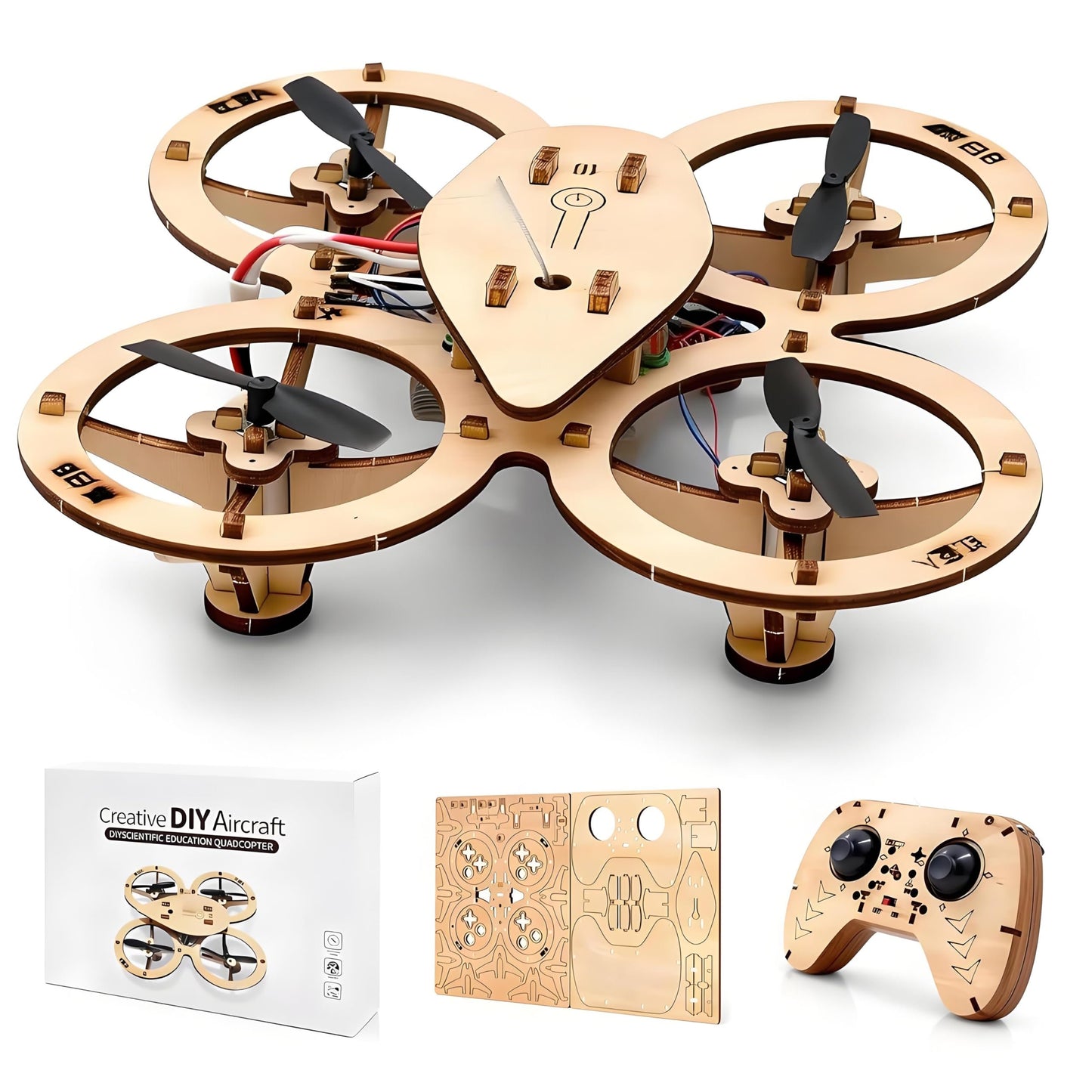 🔥Top Gift 2026 🎁 DIY Wooden Drone Assembly Kit, 2.4GHz RC Quadcopter with 360° Flip, Emergency Stop & Beginner Friendly Controls, STEM Building Toy for Teens & Adults
