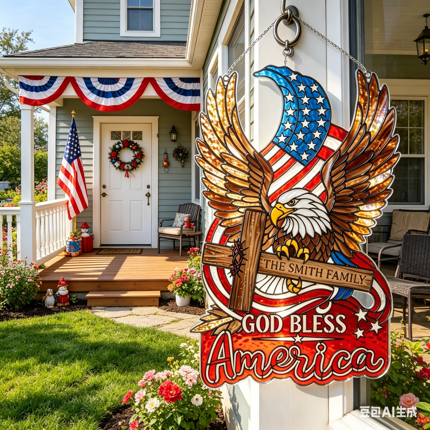 God Bless America Eagle Suncatcher – Personalized Patriotic Window Hanging, American Flag Stained Glass Decor, Veteran Gift